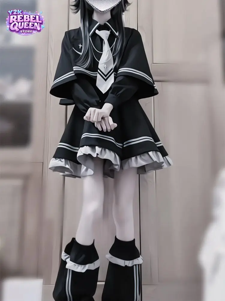 Vestido Gótico Elegante Estilo Lolita para Mujer, con Capa, Cuello de Lazo, Ribete a Rayas, Cintura Fruncida, Volantes en el Bajo, Corte Ajustado, Mini Vestido, Atuendo Elegante 2026