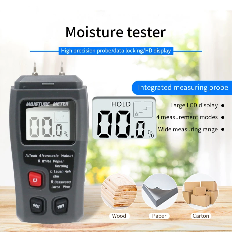 EMT01 0-99.9% Twee Pins Digital Hout Vochtmeter Hout Vochtigheid Tester Hygrometer Timber Vochtige Detector Grote Lcd Display