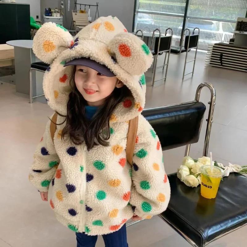 

Girls Coat Rainbow Polka Dot Hooded Fleece Thickened Zipper Jacket Autumn Winter Top Clothing for Kids Outwear 2 4 6 8 Years Old