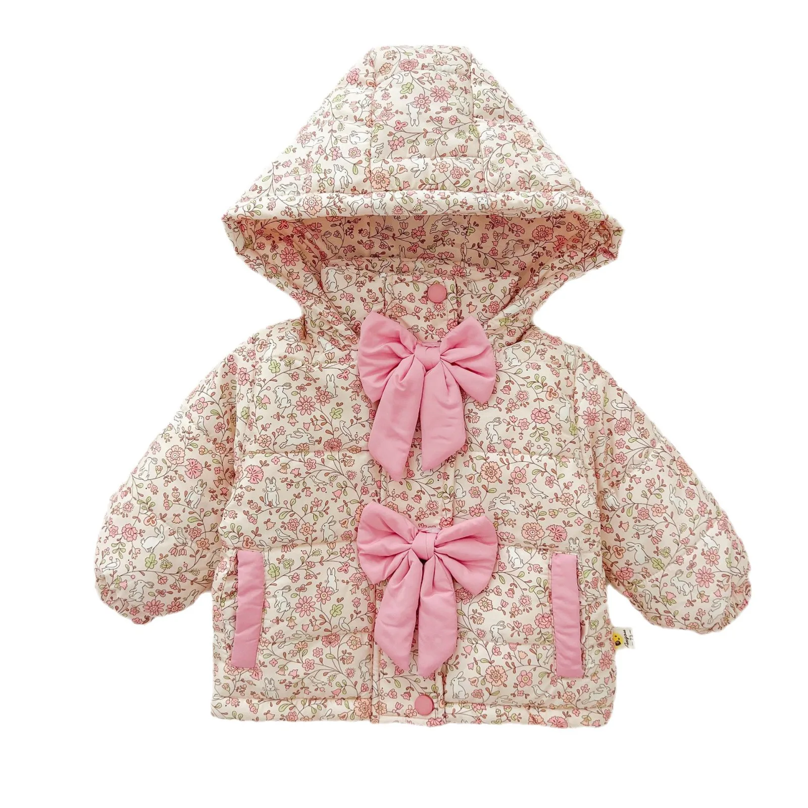 2024 Winter Ins Toddler Girls Parkas Floral Printed Knotbow Hooded Cotton Quilted Baby Girls Coat Infant Girls Jacket