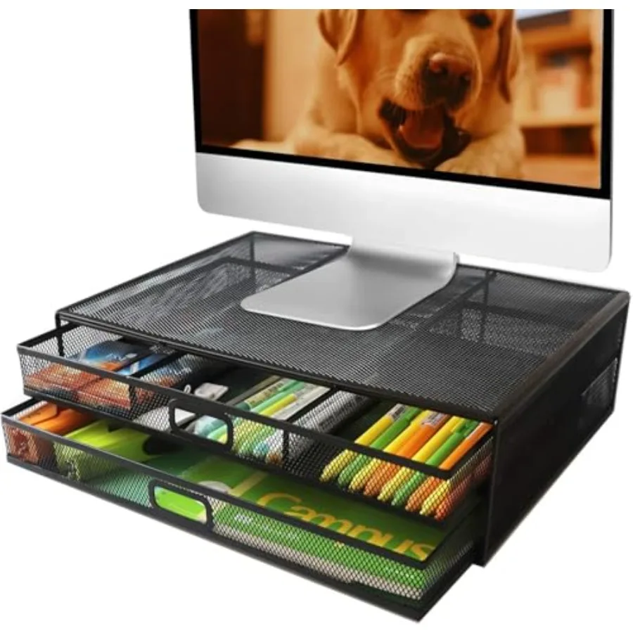 Computer Monitor Stands with Drawers Metal Mesh Desktop Monitor Riser Desk Storage Organizer with Drawers for PC Laptop Printer