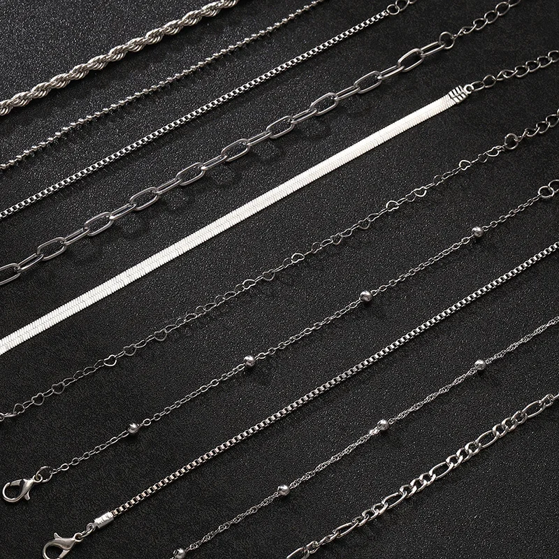 10 قطعة بيان خمر الذهب اللون شقة ثعبان سلسلة صندوق سلسلة سوار بوهو متعدد الطبقات سوار معدني المرأة مجوهرات الصيف