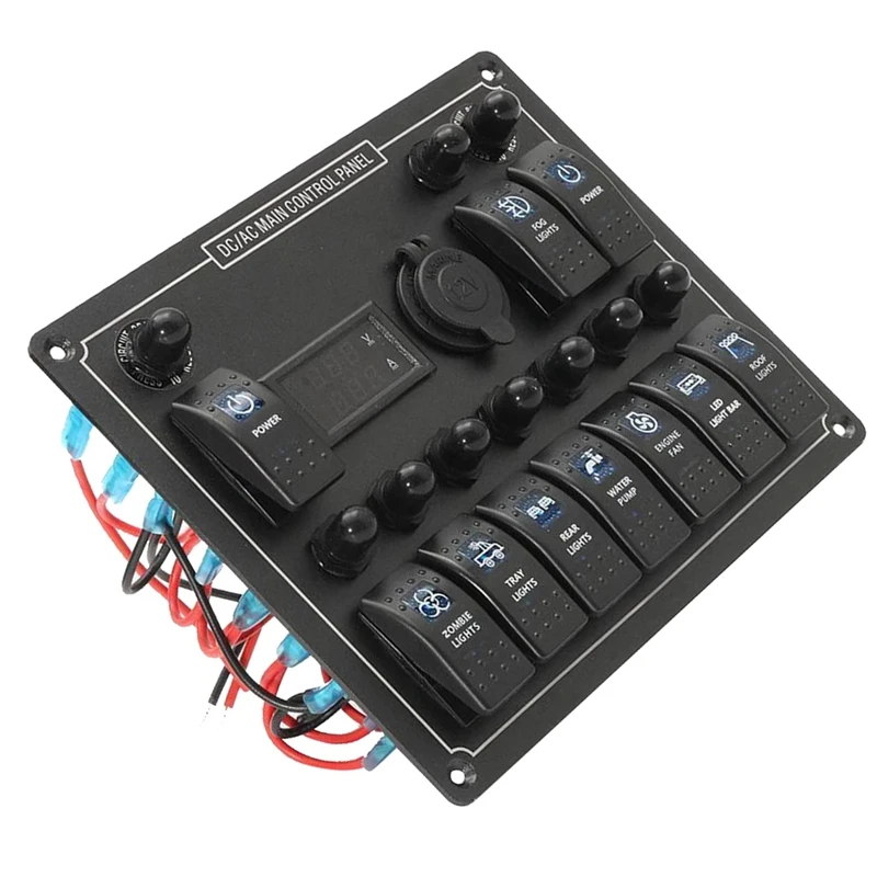 10 Gang Marine Rocker Switch Panel With Digital Voltage Display Blue LED ON-Off Button Switches