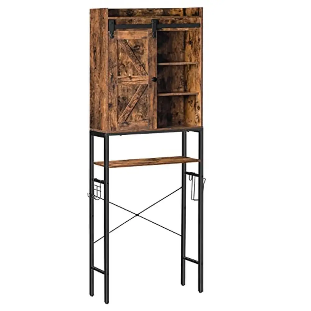 

5 Tier Sliding Door Over Toilet Storage Cabinet Bathroom Organizer Rack Shelf Black Rustic Design 24.8"W x 9.5"D x 71.3"H