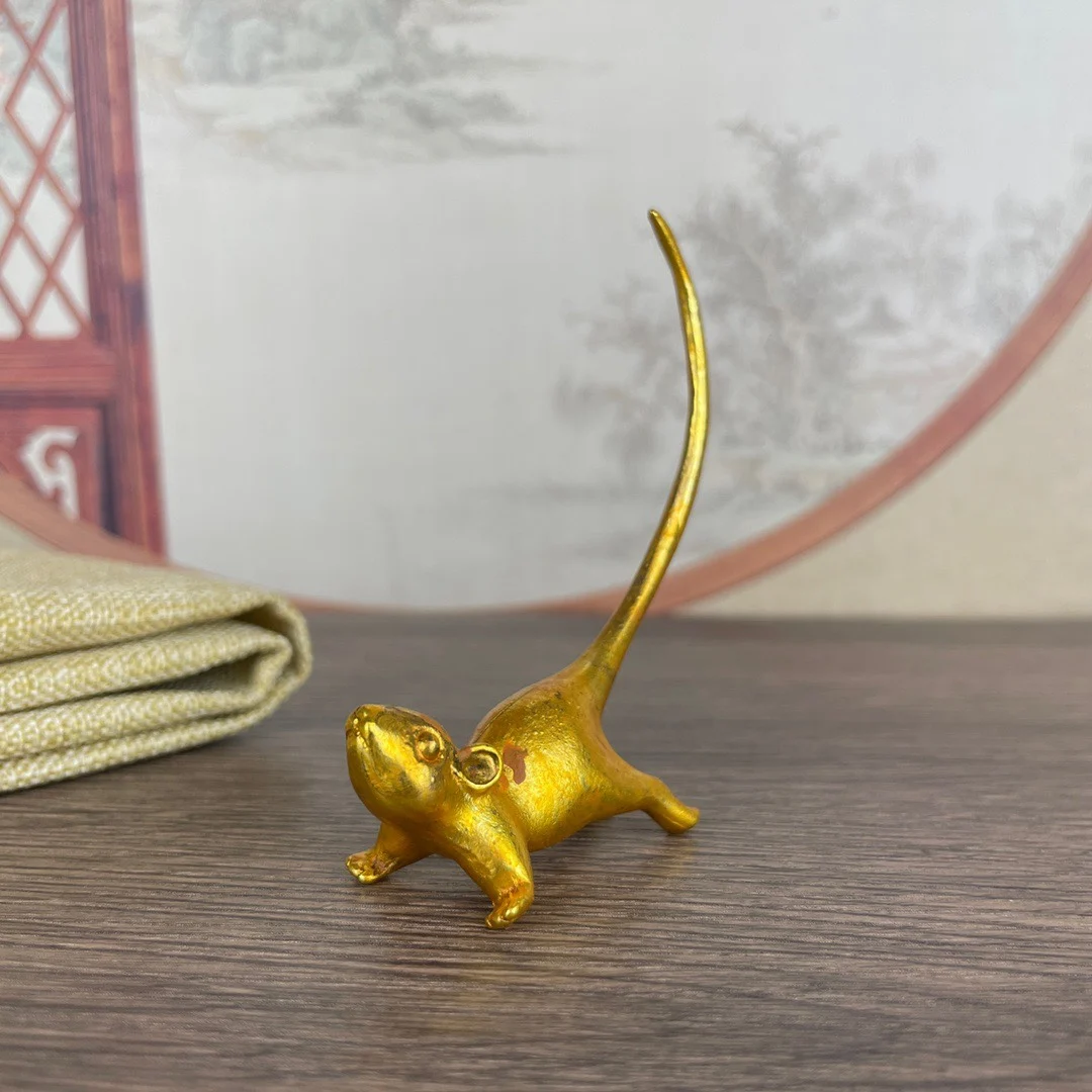 Favorite Tea Play Ornaments Gold Plated Copper Mouse Long tailed Attracting Wealth Bronze Ware, Study Room Decoration Collection