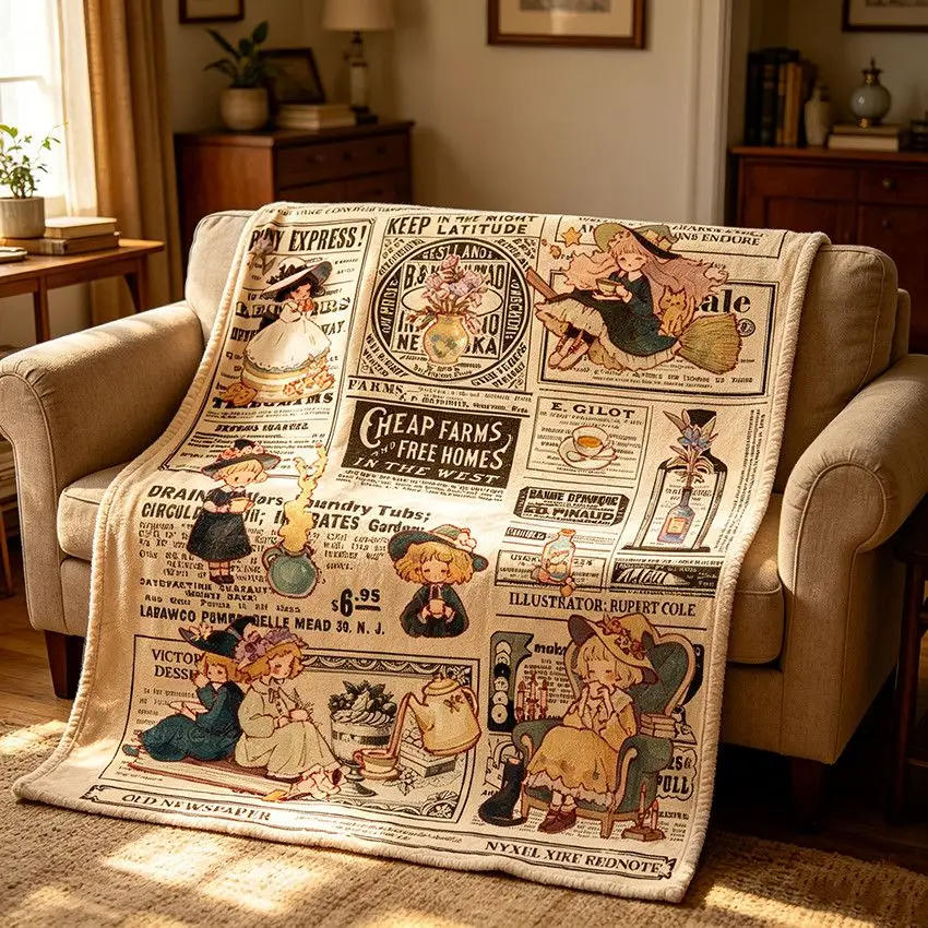 Vintage Newspaper Cartoon Fleece Blanket Soft Warm Flannel Blanket Lightweight Anti‑Bacterial Throw Blanket For Sofa Bed Dorm Ho