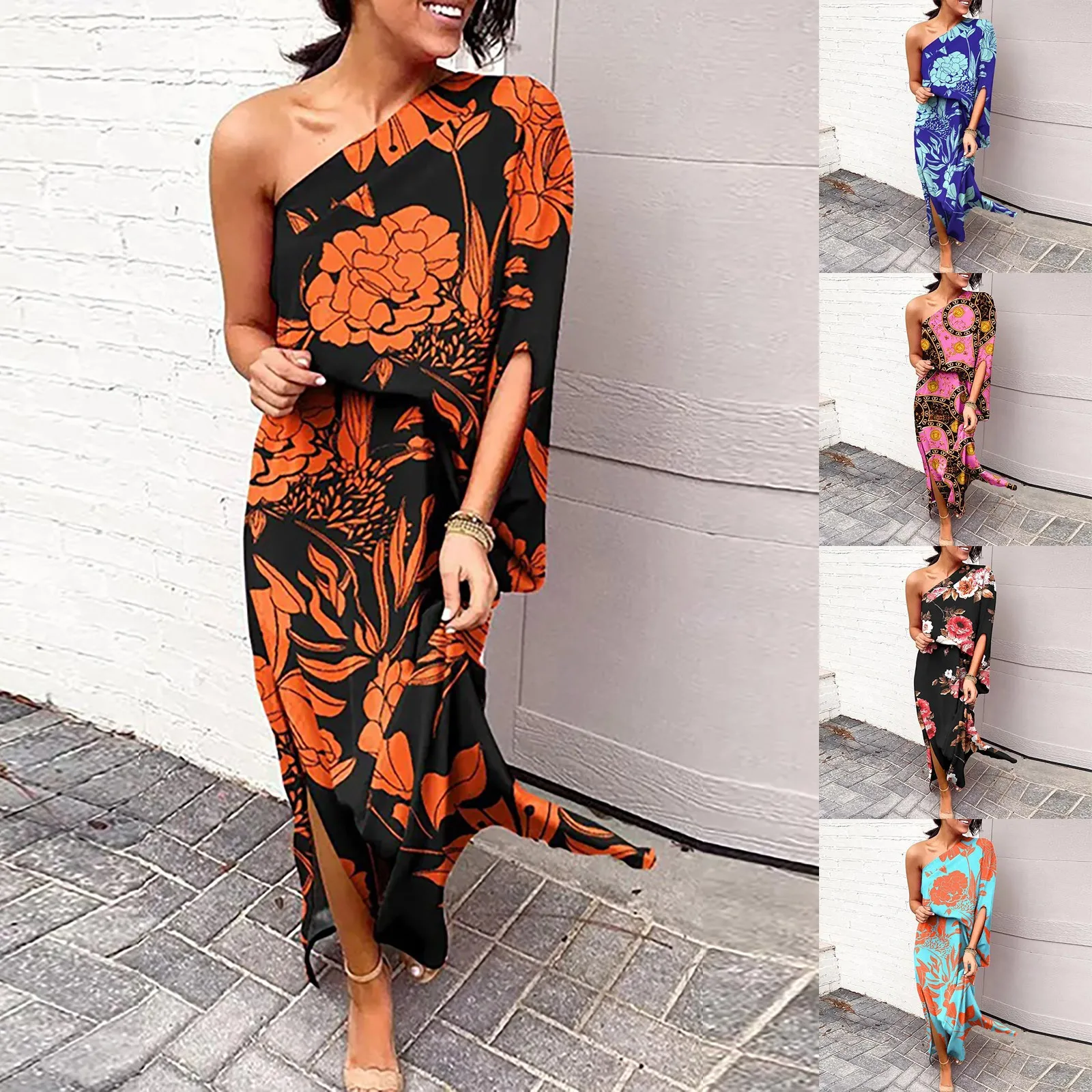 Women'S One Shoulder Dress Sexy Slit Hem Floral Printed Fitting Dress Fashion Trend Southeast Asian Resort Style Casual Dress