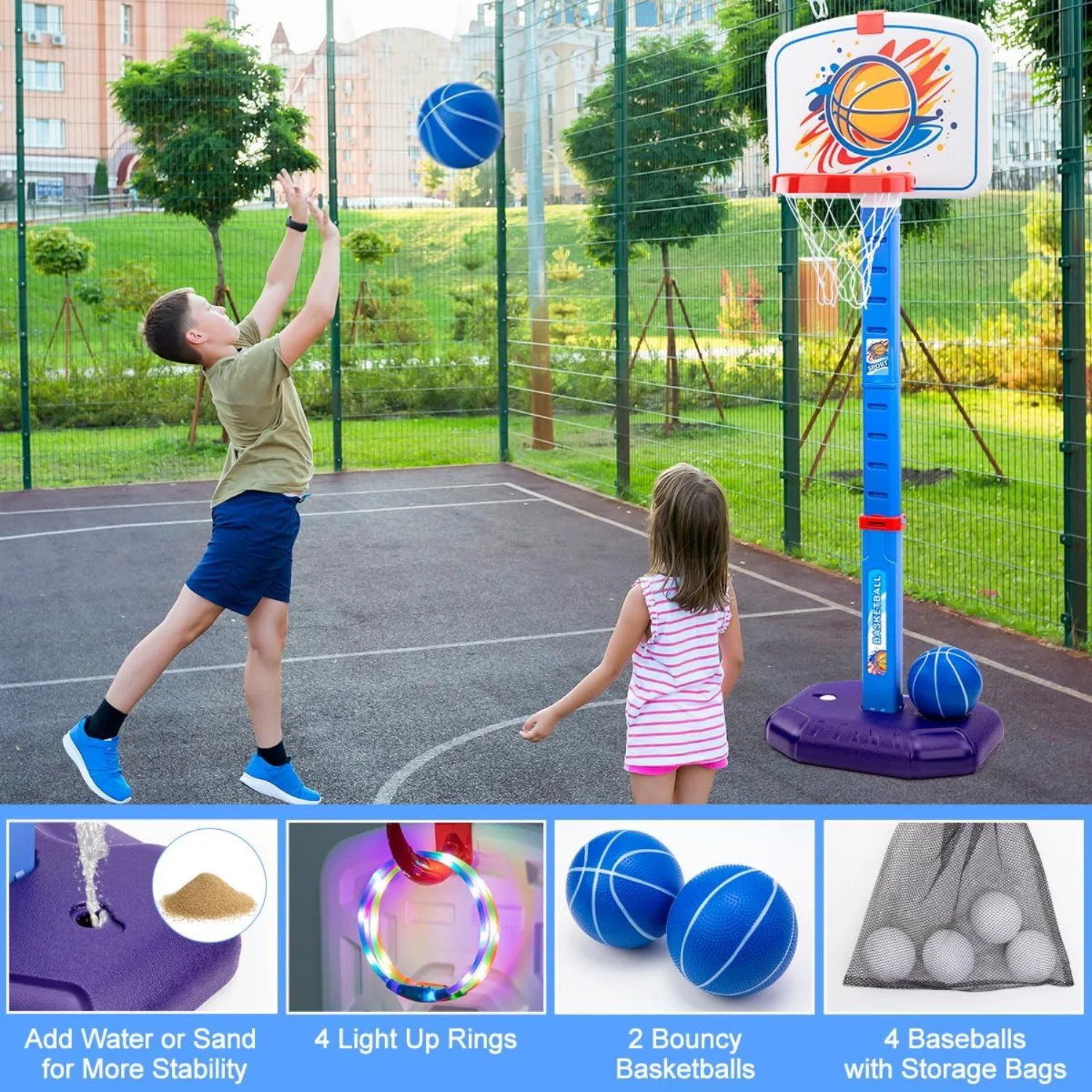 Set di canestro da basket 4 in 1 per bambini e set di palline a T con lanciatore automatico Gioco di anelli di lancio per giocattoli sportivi per bambini all'aperto per interni