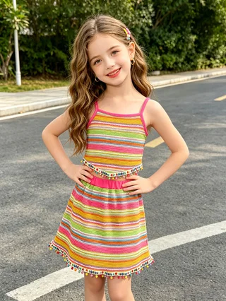Girl's Rainbow‑Stripe Cami Two‑Piece Set, Colorful Pom‑pom Tassel Cropped Tank Top & Skirt, Kids Vacation Outfit Set