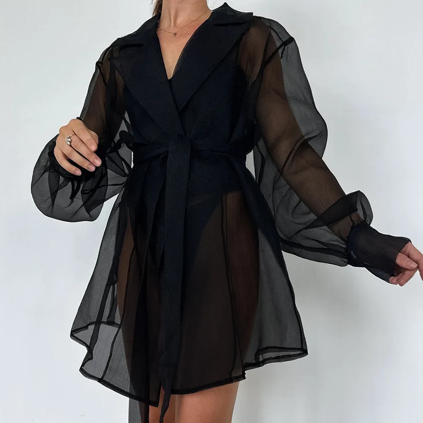 

WXOY Women Black Sheer Mesh Cover Up Puff Sleeve Waist Belted Kimono Cardigan Summer Beach Holiday Bikini Wrap Tops Outfits