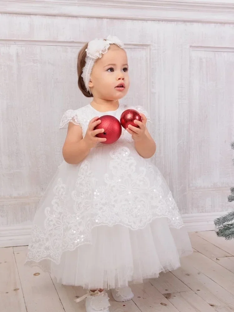 Vestido de renda branco marfim com lantejoulas para bebê, vestido com glitter, primeira comunhão, bata de aniversário recém-nascido, flor para menina, batizado