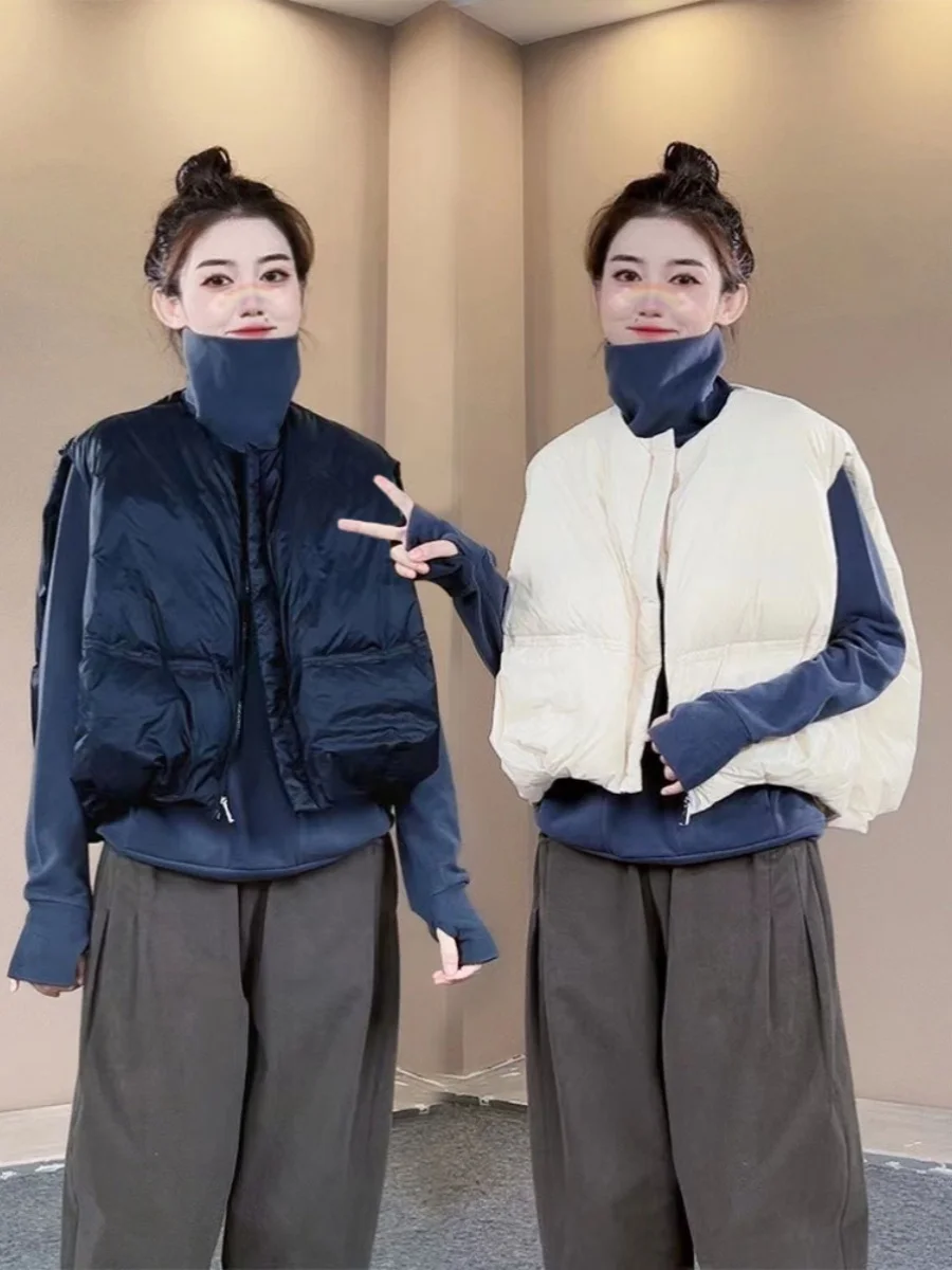 Retro Japanese Style Women's down Vest Loose Casual Short Sleeveless Warm Autumn Winter Outerwear Zipper round Neck  Color