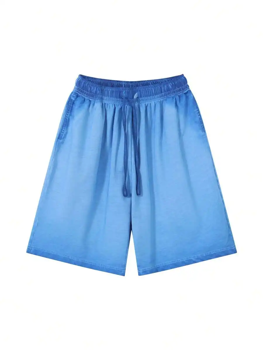 

Mens Gradient Wash Cotton Shorts Loose Fit Drawstring Waist Casual Knee Length For Summer Beach Sports