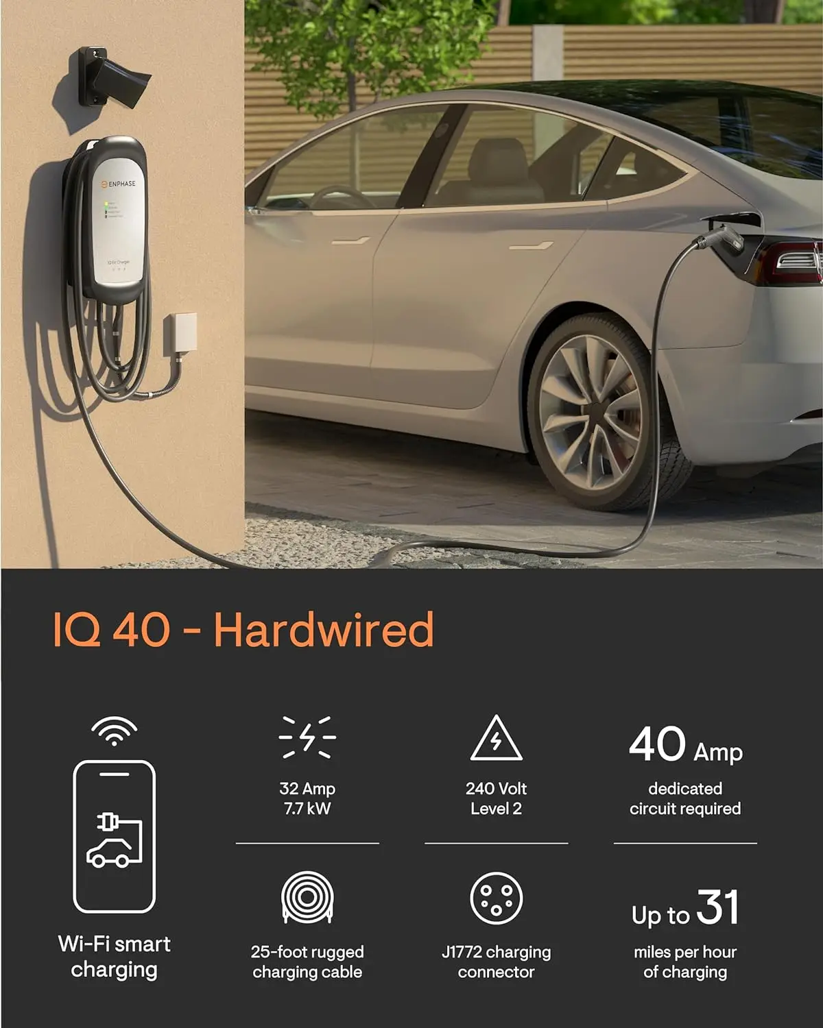 Carregador EV Hardwired, Nível 2 Carregador Inteligente com Wi-Fi, Segurança Certificada, Interior e Exterior, 25ft Cabo Robusto, Enphase IQ 40, 32 Amp