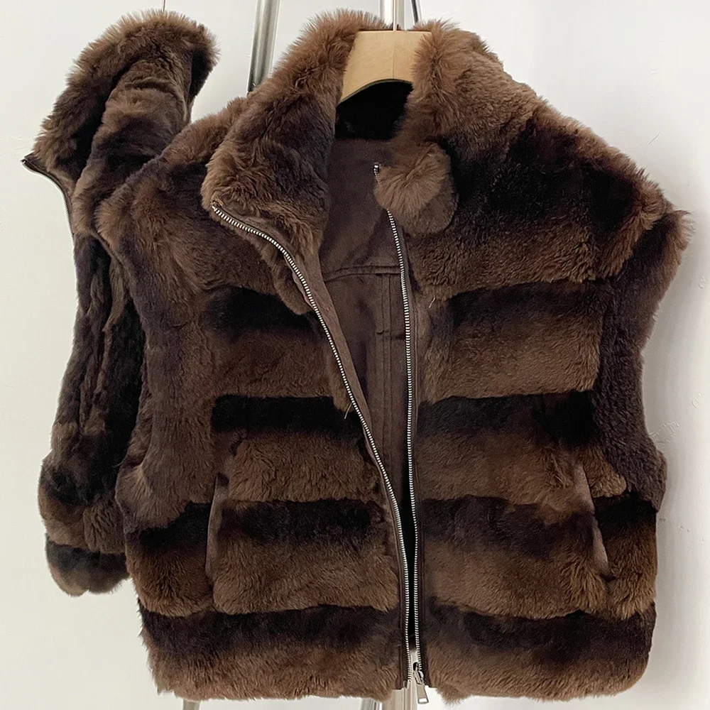 OFTBUY Neue Winter-Oberbekleidung für Damen, Wendbare Echt-Rex-Kaninchenfell-Weste mit Stehkragen, Reißverschluss und horizontalen Streifen, Pelzweste für Damen – Detail 9