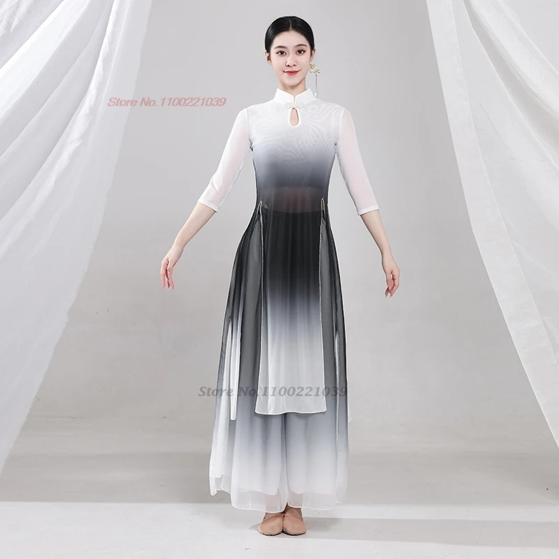 2025 الصينية خمر ملابس رقص الشعبية التدرج اللون شبكة hanfu بلايز + فستان أطفال مع سروال داخلي خمر فستان من الشيفون مرحلة الأداء الرقص