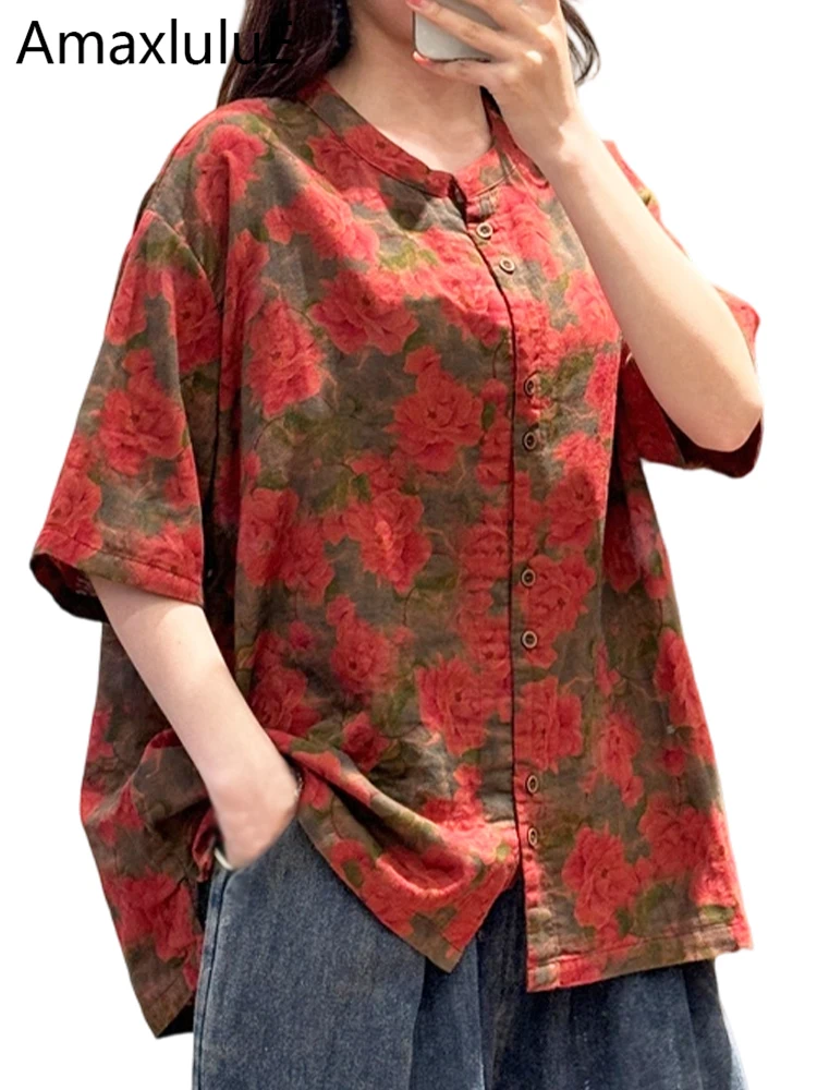 

Amax LuluE British Design Fashion Floral Shirts Ladie 2026 Classic Loose Luxury Tops Womens Summer Causal Vintage O Neck Blouses