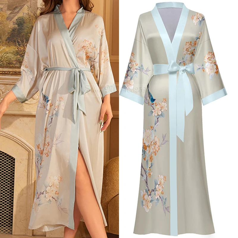 

Print Flower Kimono Bathrobe Gown Spring Summer Female Long Robe Nightgown Loose Casual Satin Home Dressing Gown Lounge Wear