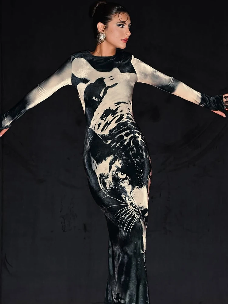 Nibber vestido de tendência de outono manga comprida feminino estampa de tigre skinny streetwear casual hipster stretch o pescoço vestidos de meia-noite