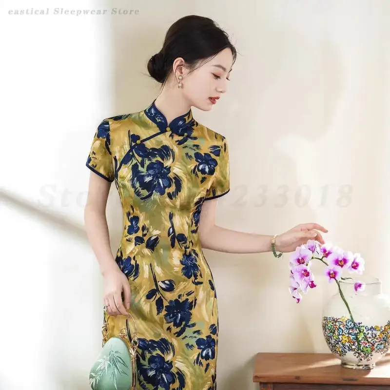 

Sexy Printed Floral Cheongsam Women Elegant Improved Qipao Vestidos Chinese Style Long Evening Banquet Gown Big Size 3XL 4XL