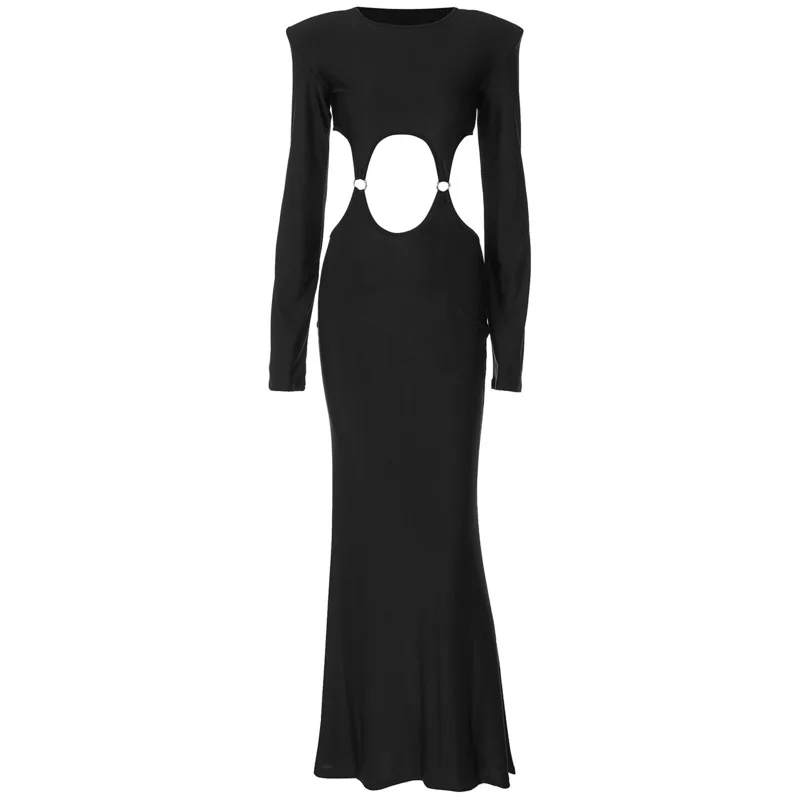 Hollow Metal Ring Round Neck Maxi Dresses Women Sexy Slim Solid Long Sleeved Shoulder Pad Vestidos 2024 Lady Evening Party Robes