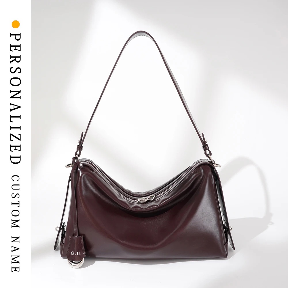 

New genuine leather niche design pillow bag fashionable trendy shoulder bag casual commuter crossbody bag free gold hot stamping