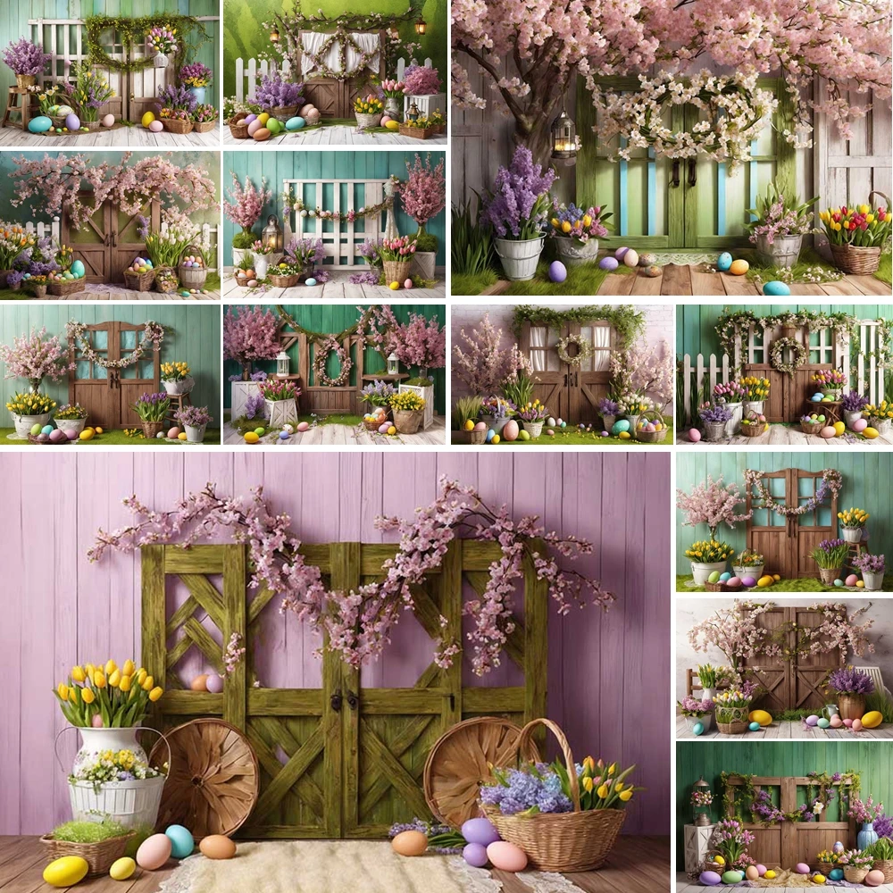 

MOON.QG Easter Garden Photo Background Cherry Blossom Swags Egg Wooden Portals Backdrop Kids Photography Photoshoot Photocall