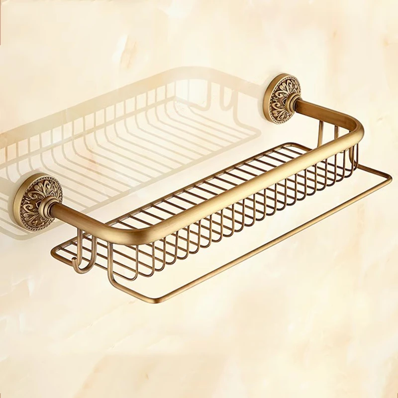 Antique Bathroom Shelf With Towel Bar Brass Shower Shampoo Soap Cosmetic Shelf Bathroom Hardware Storage Organizer Rack Holder