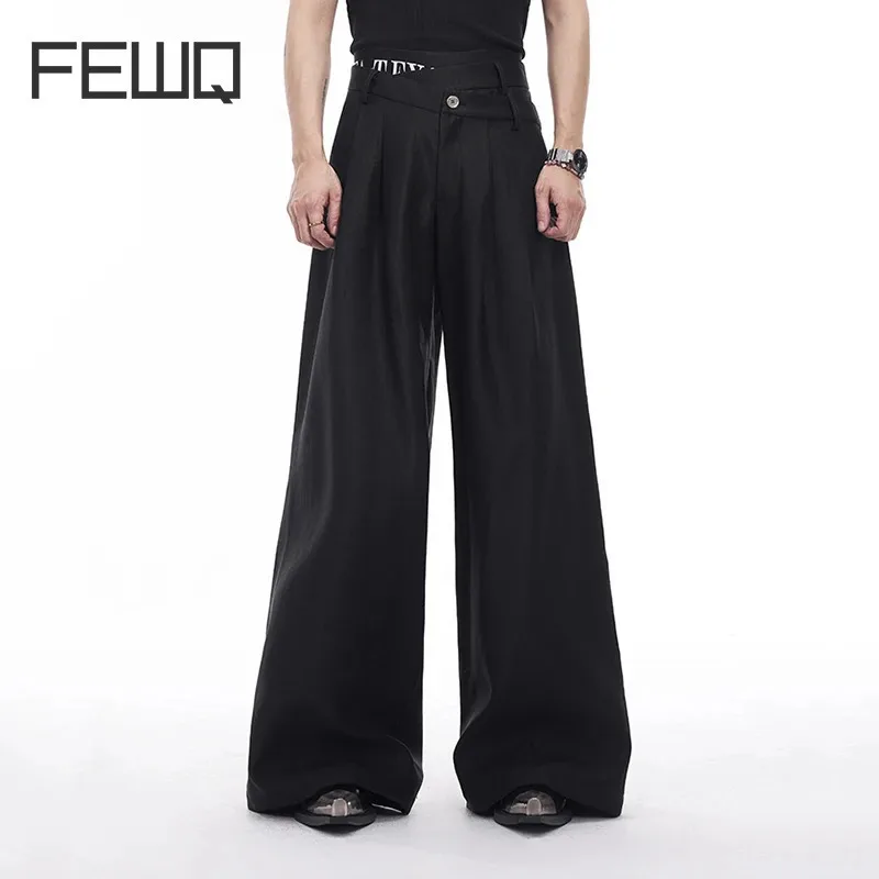 FEWQ Irregular Double Waist Head Suit Pants Men Autumn Winter Brushed Straight Bright Face Wide Leg Trousers Streetwear 24E5633