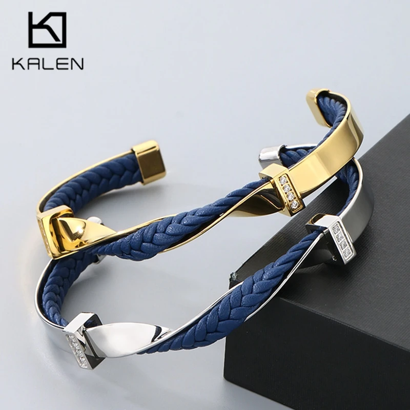 KALEN Unique Irregular Bracelets For Men Blue&Gold Color Stainless Steel Cowhide Leather Men Charm Bangles Hip Hop Male Jewelry
