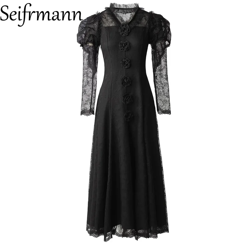 Seifrmann Spliced ​​three-dimensional flower ruffle dress v-neck long-sleeved waist long dress 2026 autumn women's new style