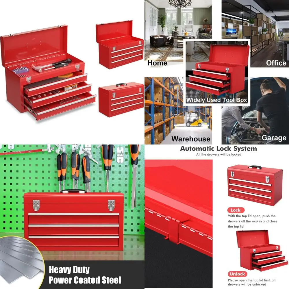 กล่องเครื่องมือแบบพกพาขนาด 20 นิ้ว แข็งแรงทนทาน 3 ชั้น พร้อมถาดด้านบน, ตัวล็อคโลหะ, แผ่นรองป้องกัน, คุณสมบัติล็อคอัตโนมัติ, เหมาะสำหรับ