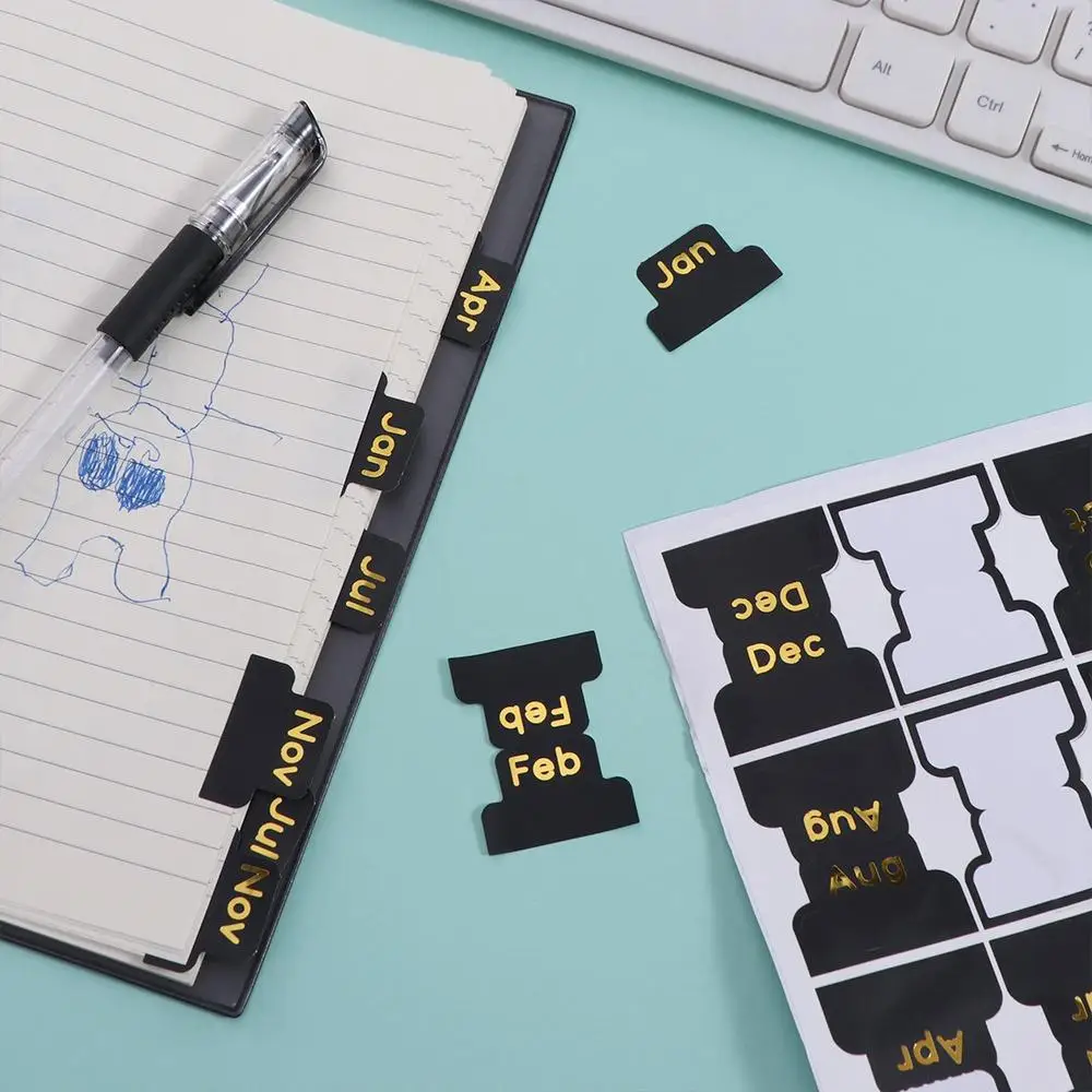 12 ชิ้นสีดํากาวสติกเกอร์รายเดือนเครื่องเขียนศึกษารายเดือนวางแผนดัชนีแท็บกันน้ําแท็บดัชนีสติกเกอร์