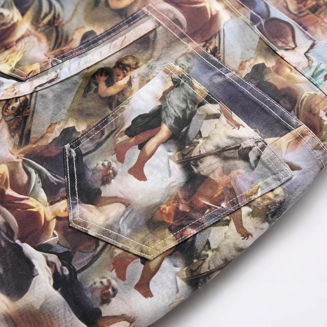 الدنيم سروال شكل قلم رصاص الرجال طباعة الجينز غسلها منتصف الخصر جيوب خمر الدينيم المستقيم 2024 الشارع الشهير الكاحل طول بنطلون #3