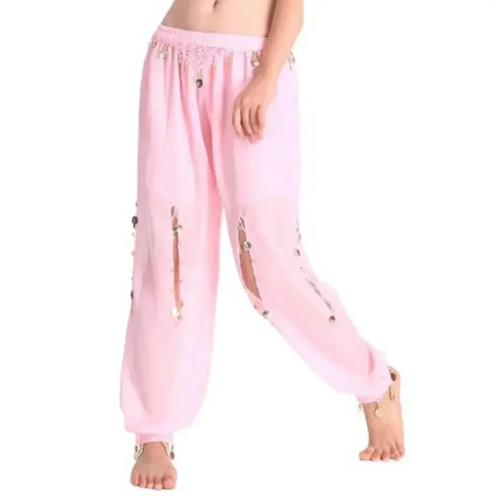 1 pçs calças de dança do ventre feminino chiffon bloomers brilhantes lantejoulas borlas calças de dança mostrar trajes