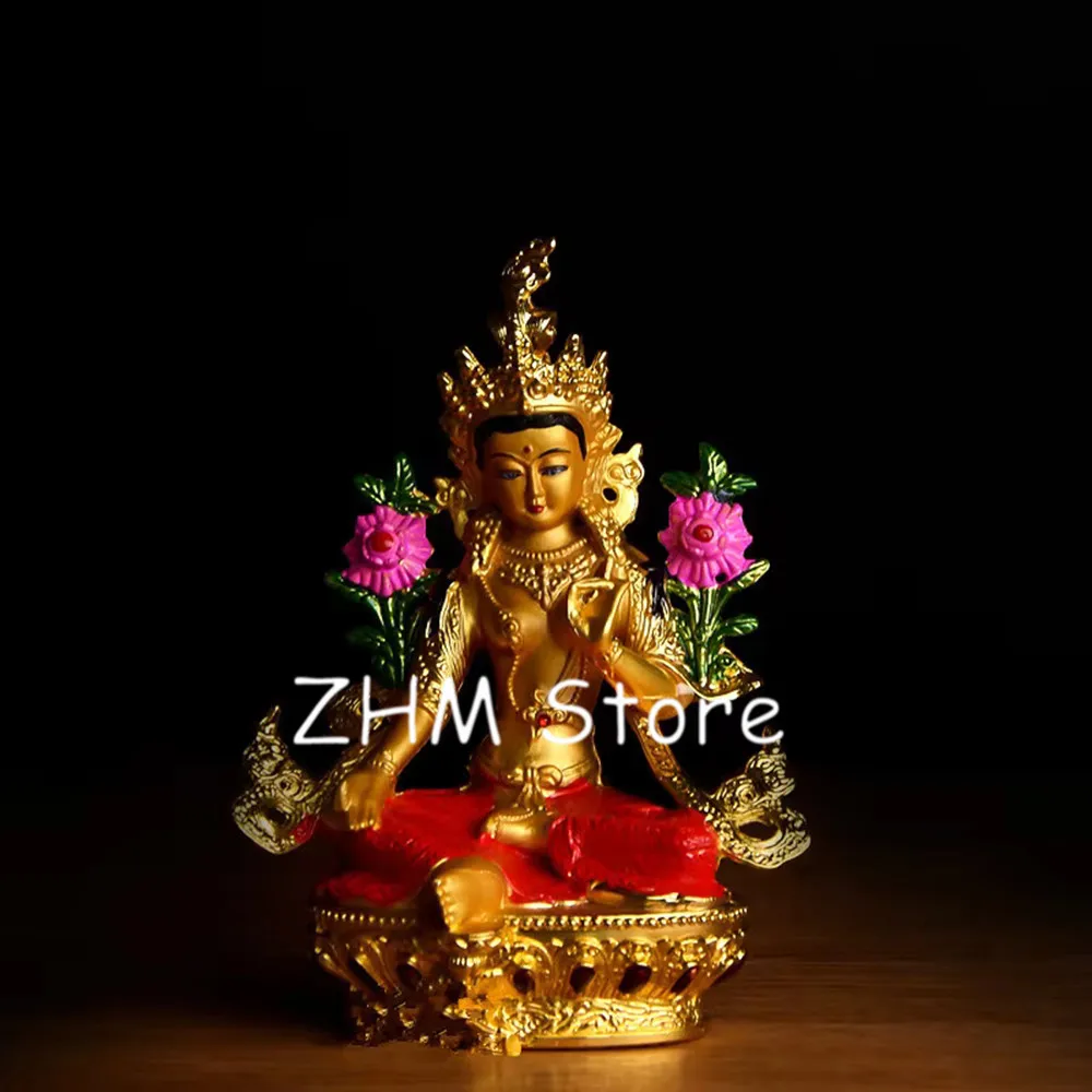 Buddhist Alloy Metal Exquisite Colored Efficacious Tibetan Bodhisattva Green Tara Buddha Gilding Statue Putting Decorations