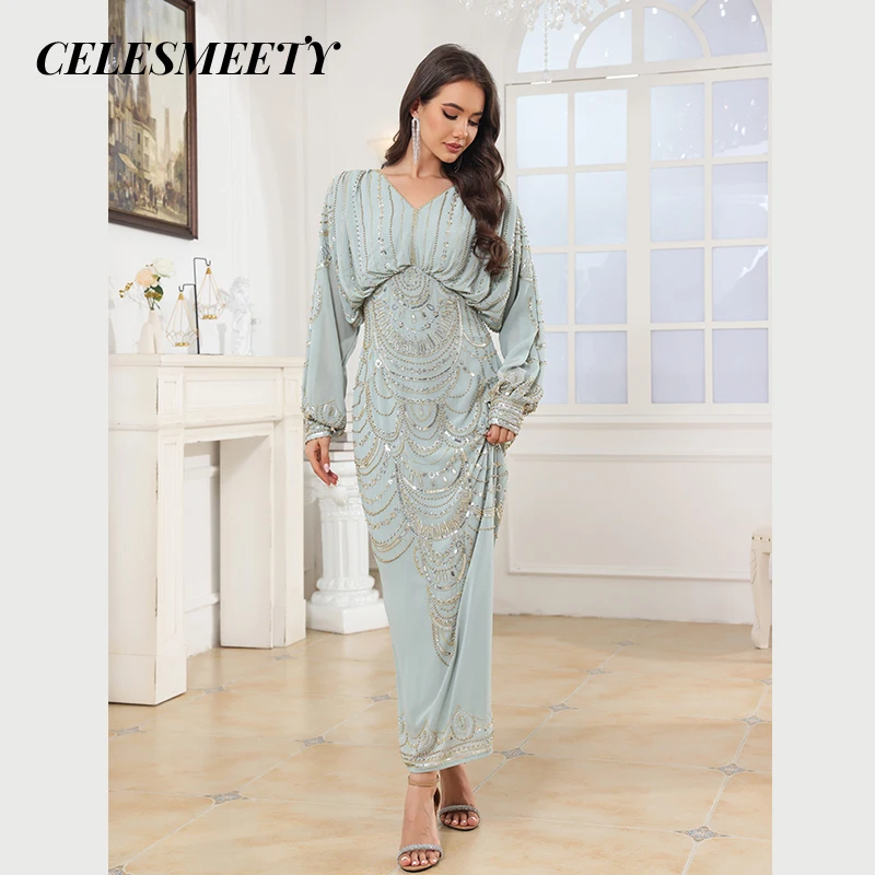 Luxurious Royal-Style Computerized Sequin Beaded Embroidery Prom Evening Dress Elegant Chiffon Batwing Sleeve Dress