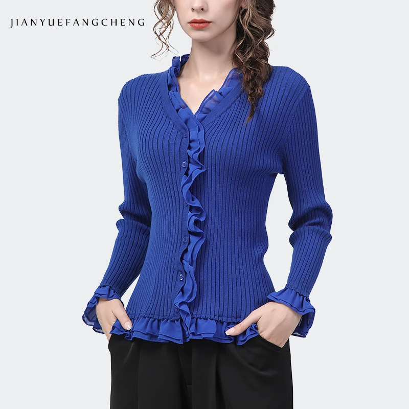 2022 autunno inverno donna maglione lavorato a maglia Sexy Skinny manica lunga con scollo a v blu Stretching Cardigan monopetto top