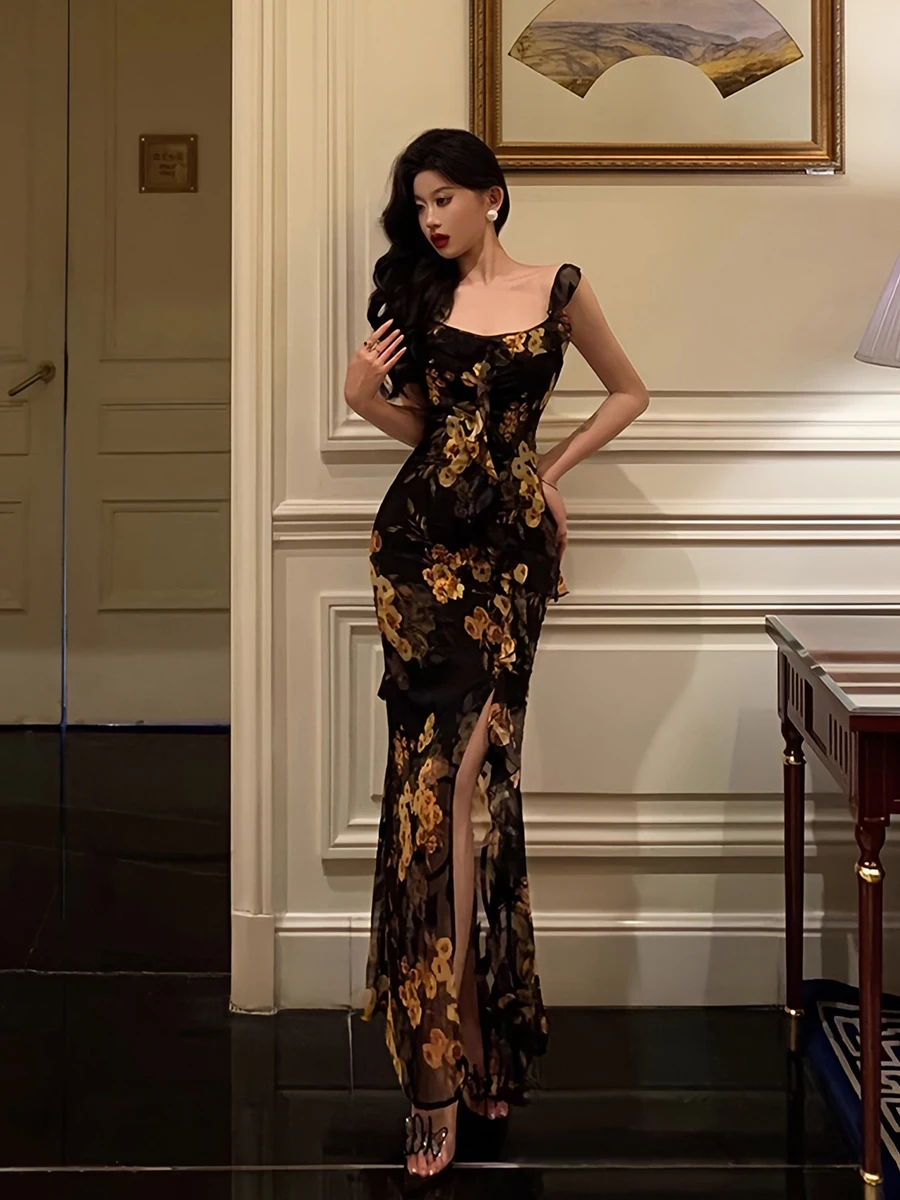 ReddaChic Damska Sukienka z Szyfonu w Kwiaty z Falbankami, Krótkie Rękawy, Kwadratowy Dekolt, Top na Ramiączkach, Rozcięcie, Długa Sukienka typu Rybka, Letnia Odzież w Stylu Boho