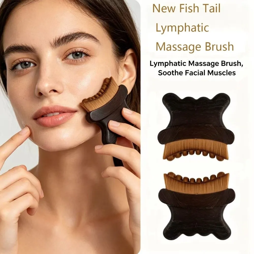 Ergonomic Shape Lymphatic Face Brush Curved Handle Storage Case Contour Massage Brush Large Size Wood Grain Look