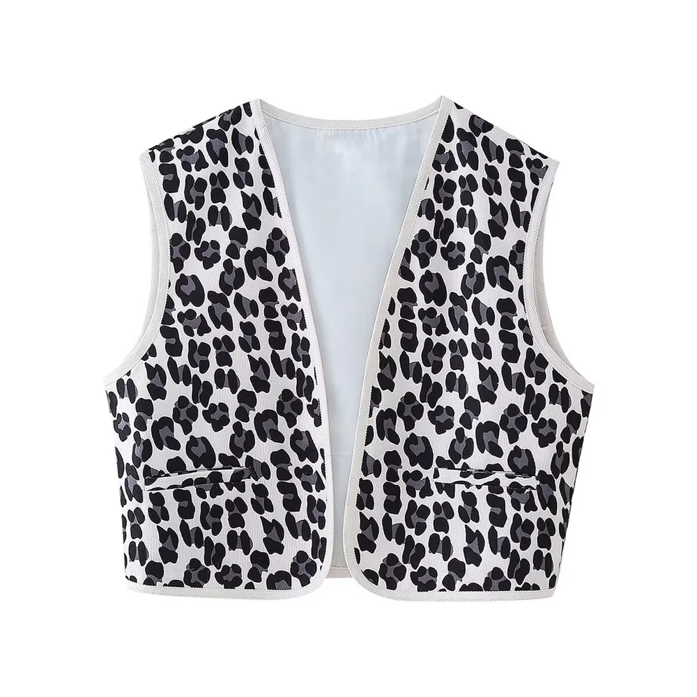 UNIZERA 2024 Autumn New Product Women\'s Retro Loose Casual V-neck Sleeveless Leopard Print Corduroy Vest