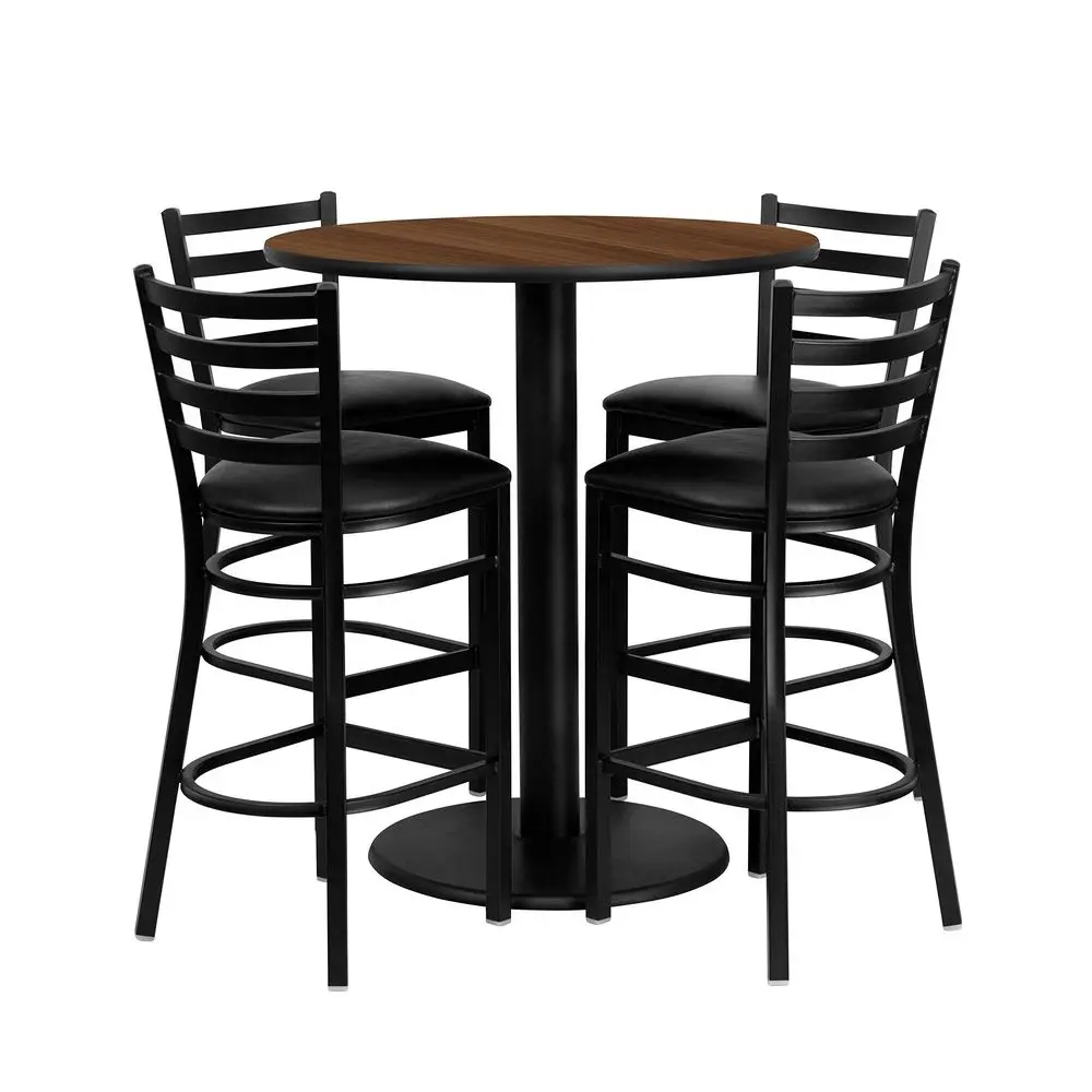 

Furniture 36 Round Walnut Laminate Table Set with 4 Ladder Back Metal Barstools Black Vinyl Seat