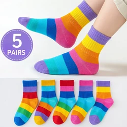 5 Pairs Children' Rainbow Pattern Knitted Socks, Comfortable Breathable Soft Crew Socks, Suitable For Outdoor Wear