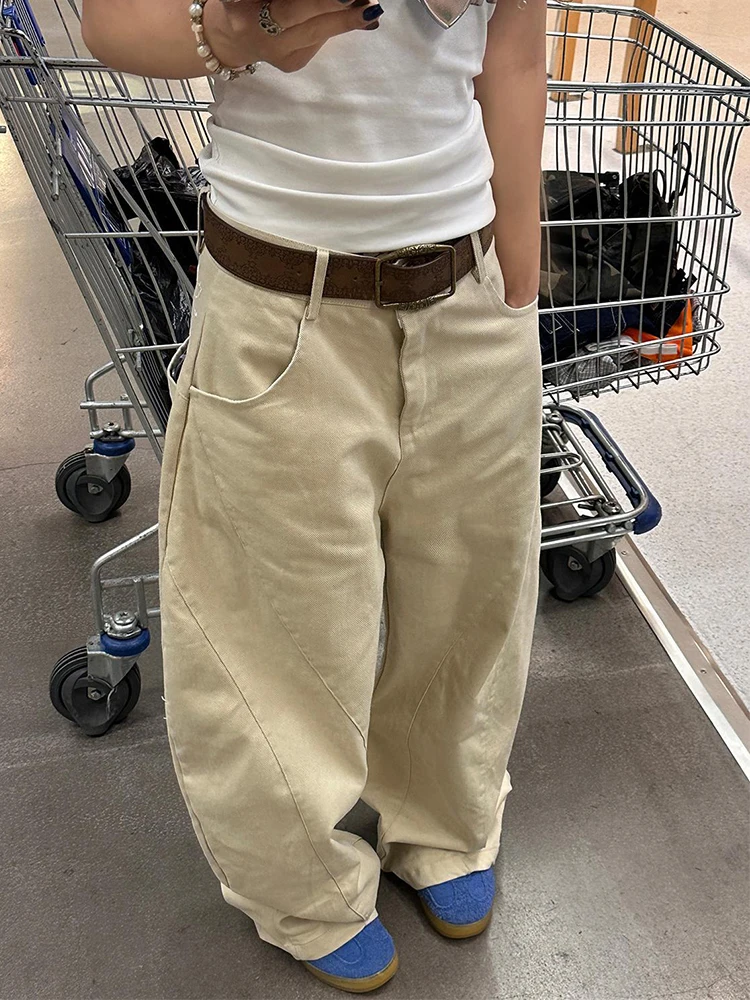 جينز نسائي كاكي عتيق بخصر عالٍ Y2k جينز مطرز فضفاض وواسع الساق موضة خريف 2025 من قماش الدنيم #1