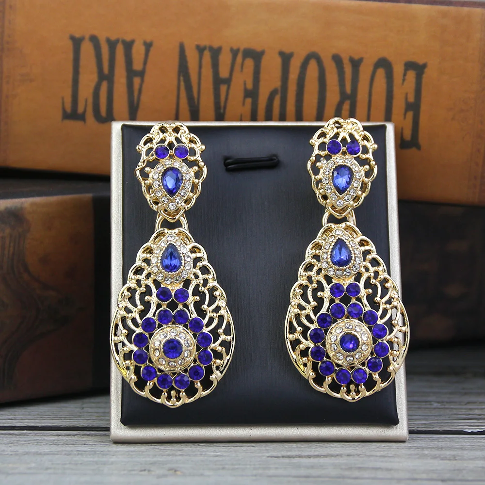 Sunspicems Chic Gold Color Arabian Crystal Earrings for Women Algeria Bride Earring Hollow Arabesque Totems Wedding Jewelry