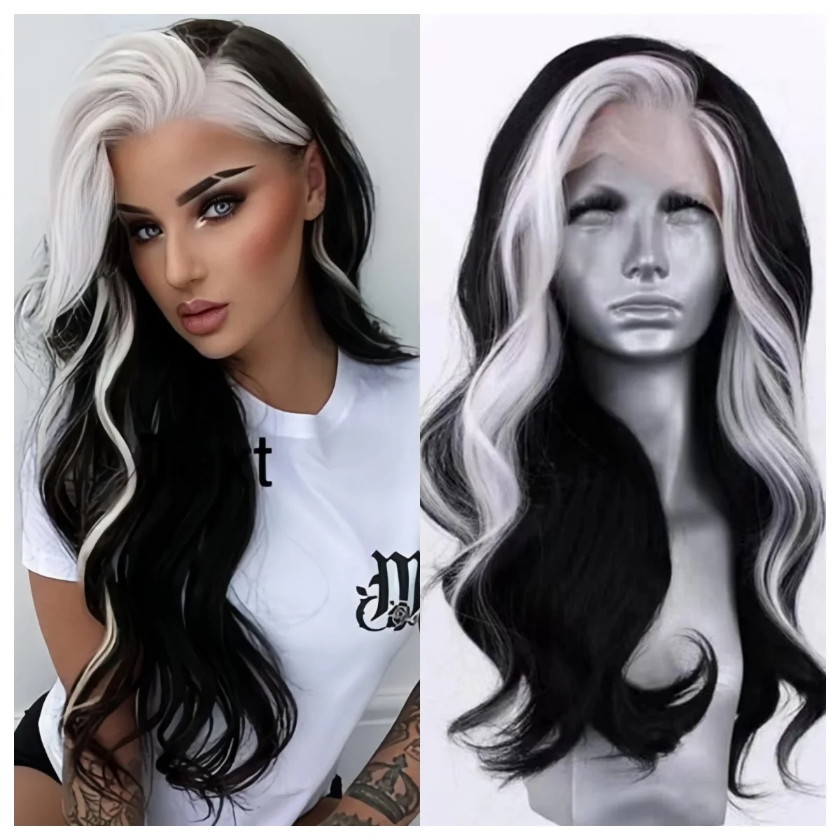 

Highlights Lace Front Wig Body Wave Lace Frontal Wig Black Mixed White Hair Heat Resistant Natural Hairline Fiber Hair Daily Use