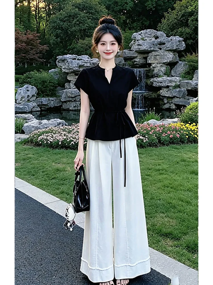 

Summer New Women's V-neck Tie Waist Short Sleeve T-shirt Wide Leg Pants Two-piece Set Breathable Casual Style High Waist