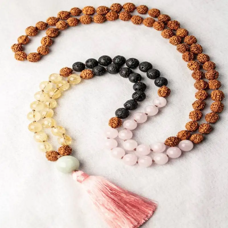 

Natural Citrine, Rudraksha & Rose Quartz 108 Mala Beads Necklace with Peach Tassel Abundance & Love Healing Crystal Jewelry