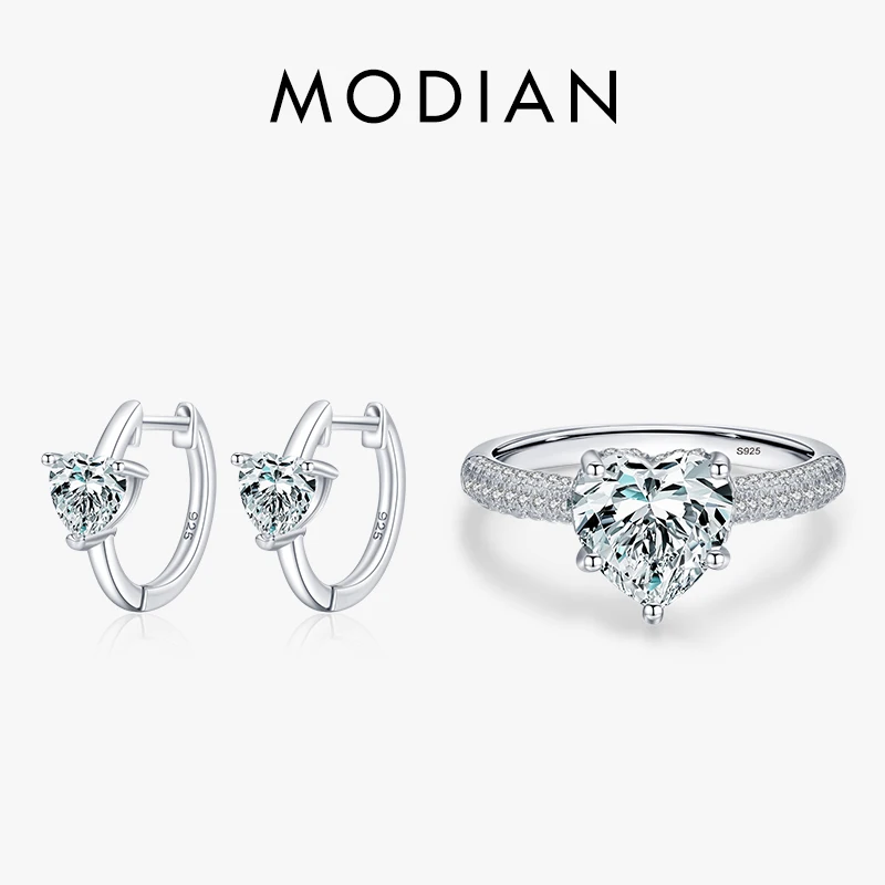 

Modian New 925 Sterling Silver Clear Hearts Zirconia Buckles Hoop Earrings Wedding Ring for Women Fine Jewelry Set Wedding Gift