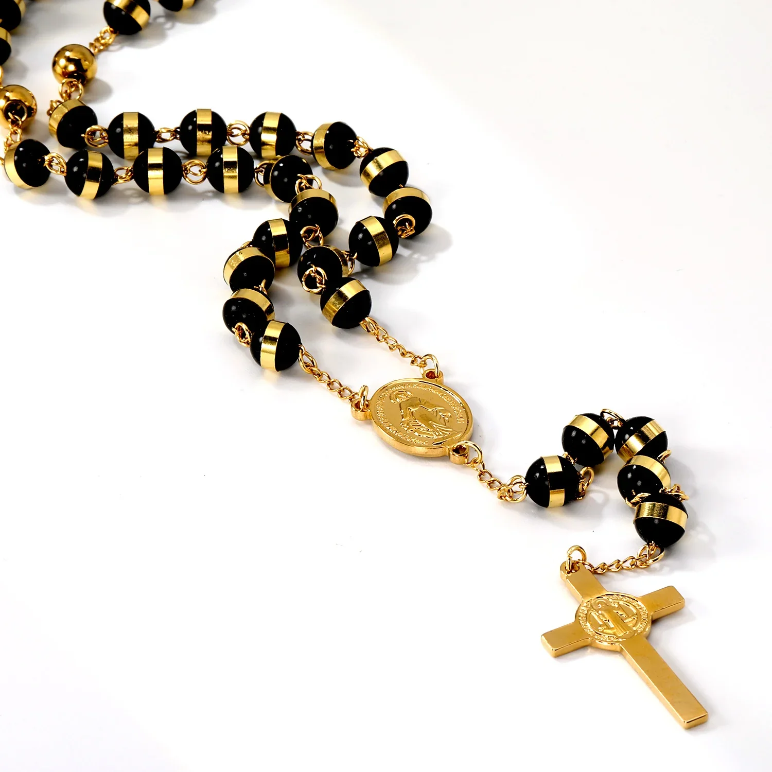 LUXUSTEEL الفولاذ المقاوم للصدأ قلادة طويلة مريم العذراء الصليب قلادة مع 35 سنتيمتر + 15 سنتيمتر موسع سلسلة من الخرز مجوهرات